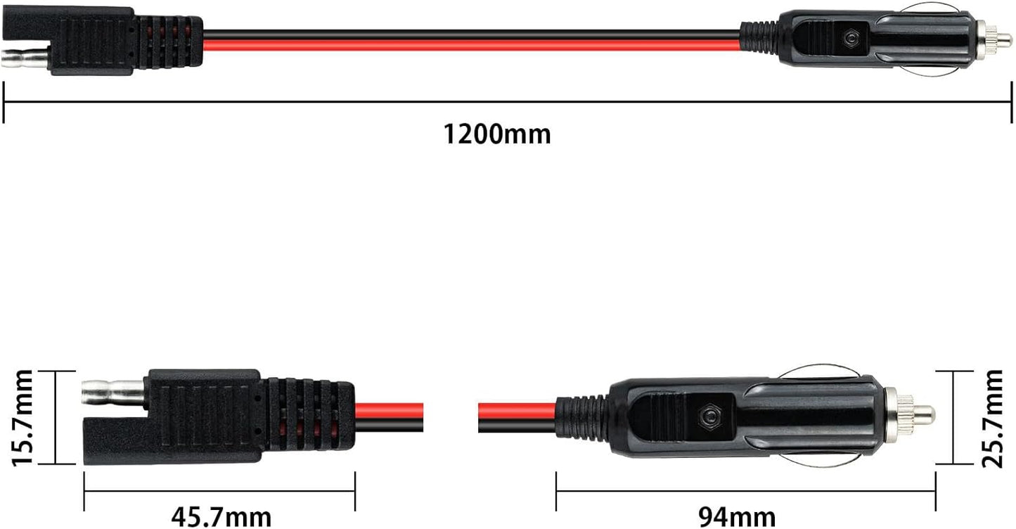1.2M/3.94FT 12V-24V SAE to Cigarette Lighter Plug Cable 16AWG Cigarette Lighter Male to SAE 2 Pin Quick Release Plug Adapter Extension Cable for Motorcycle, Car, Tractor,Boat,Solar Panel