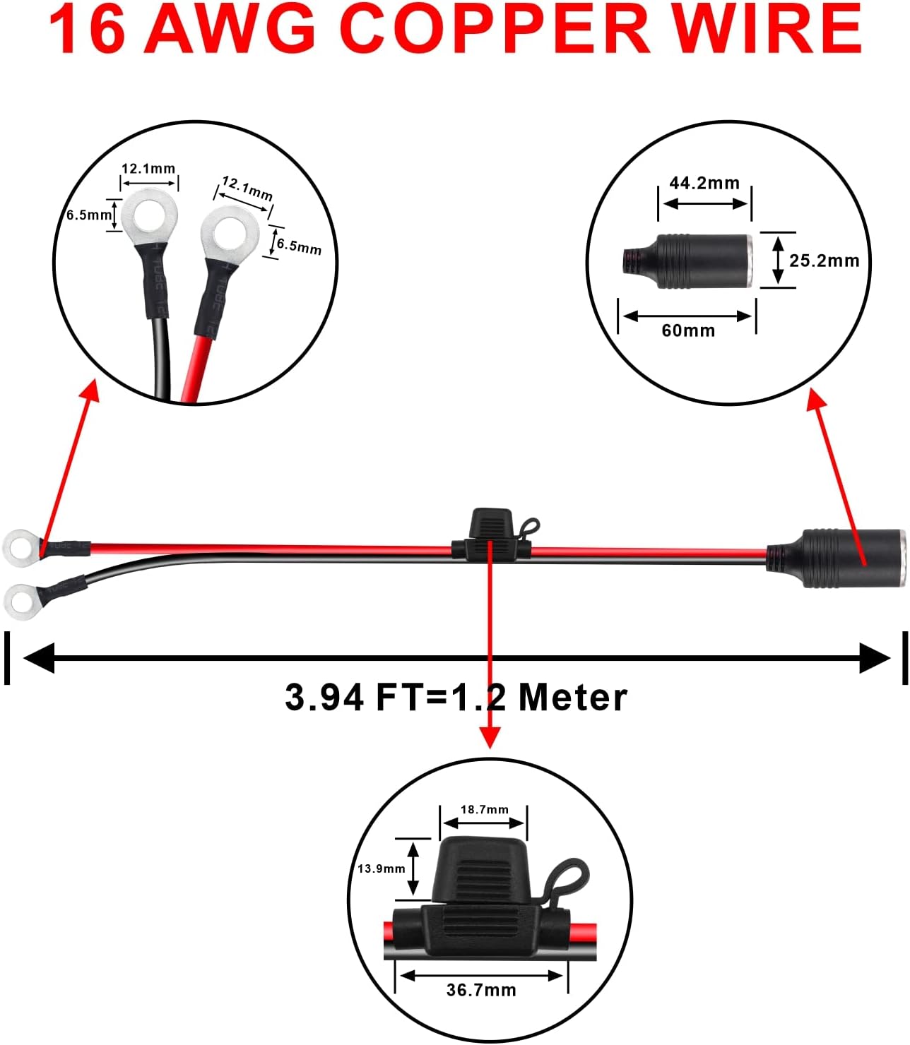 1.2M/3.94FT 12V-24V Car Cigarette Lighter Extension Cable 16AWG Car Cigarette Lighter Socket to O Ring Terminals Extension Cord with 15A Fuse for Car, Tractor,Boat,Tire Inflator