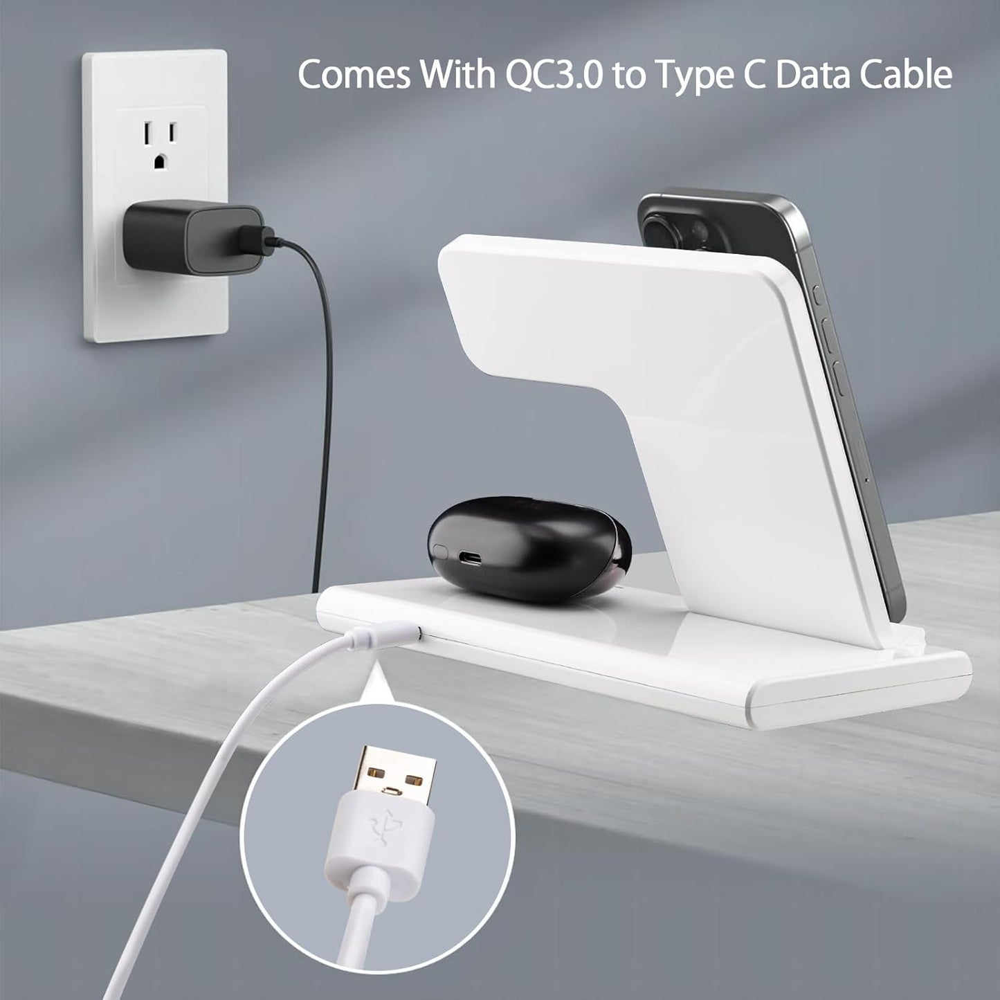Wireless Charging Station, 3 in 1 15W Wireless Charger Standion for Apple Devices iPhone 15/14/13/12/11/Plus/Pro/Max, Apple Watch 9/8/Ultra/7/6/SE, AirPods 3/2/1/pro (with Charging Cable)