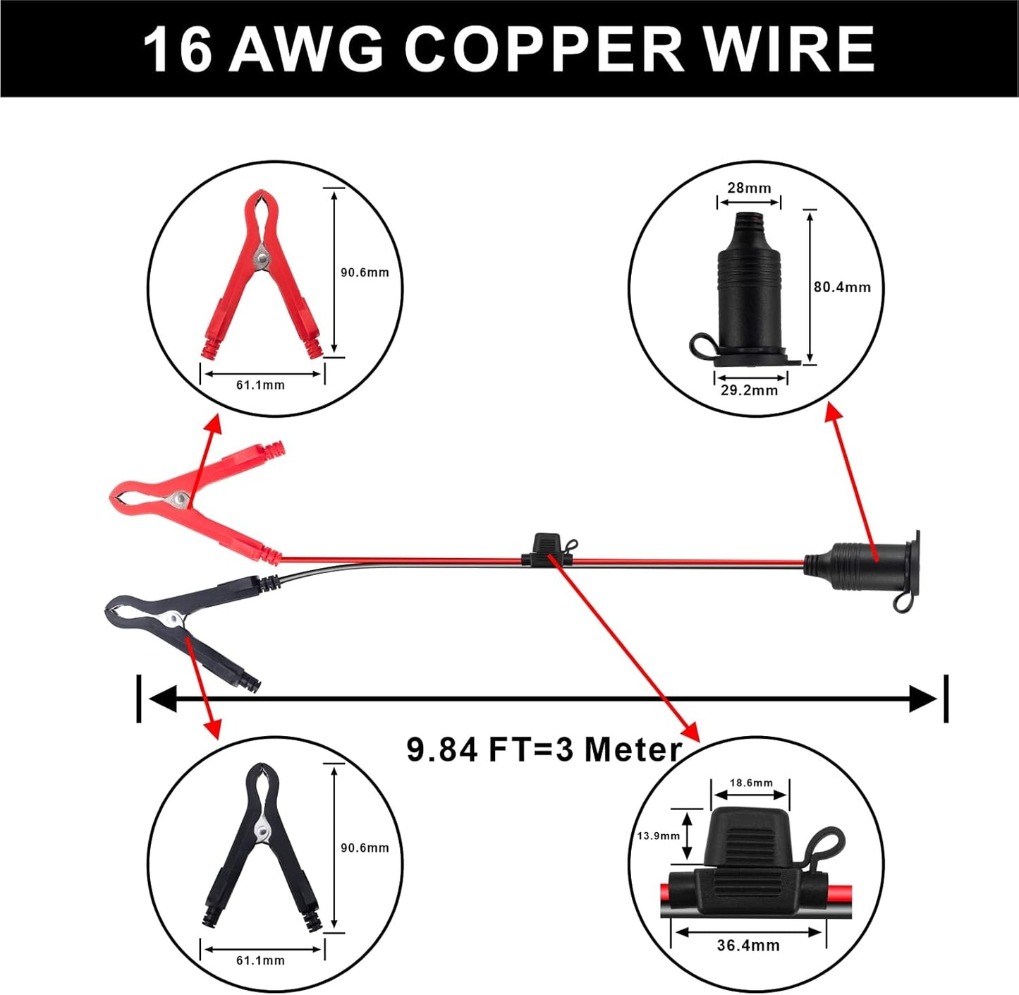 3M/10FT 12V-24V Car Cigarette Lighter Extension Cable, 16AWG Heavy Duty Car Cigarette Lighter Socket to Battery Clips Extension Cable Built-in 15A Fuse for Car,Tractor,Boat,Tire Inflator