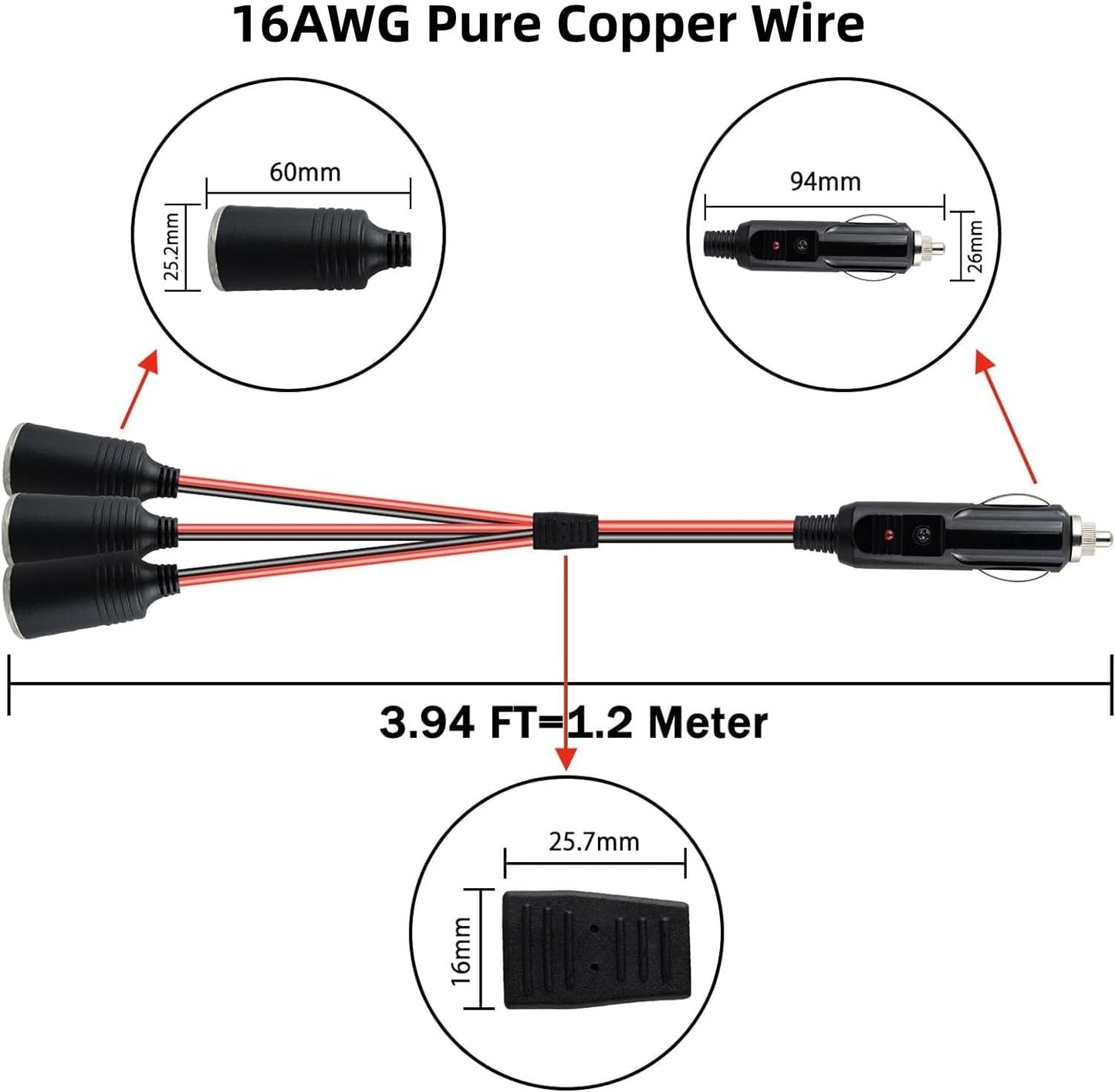 0.2M 12V-24V Car Cigarette Lighter Splitter Cable, 16AWG 1 Male Plug to 3 Socket Port Cigarette Lighter 3-Way Extension Cable Built-in 15A Fuse for Car,Tractor,Boat,Tire Inflator