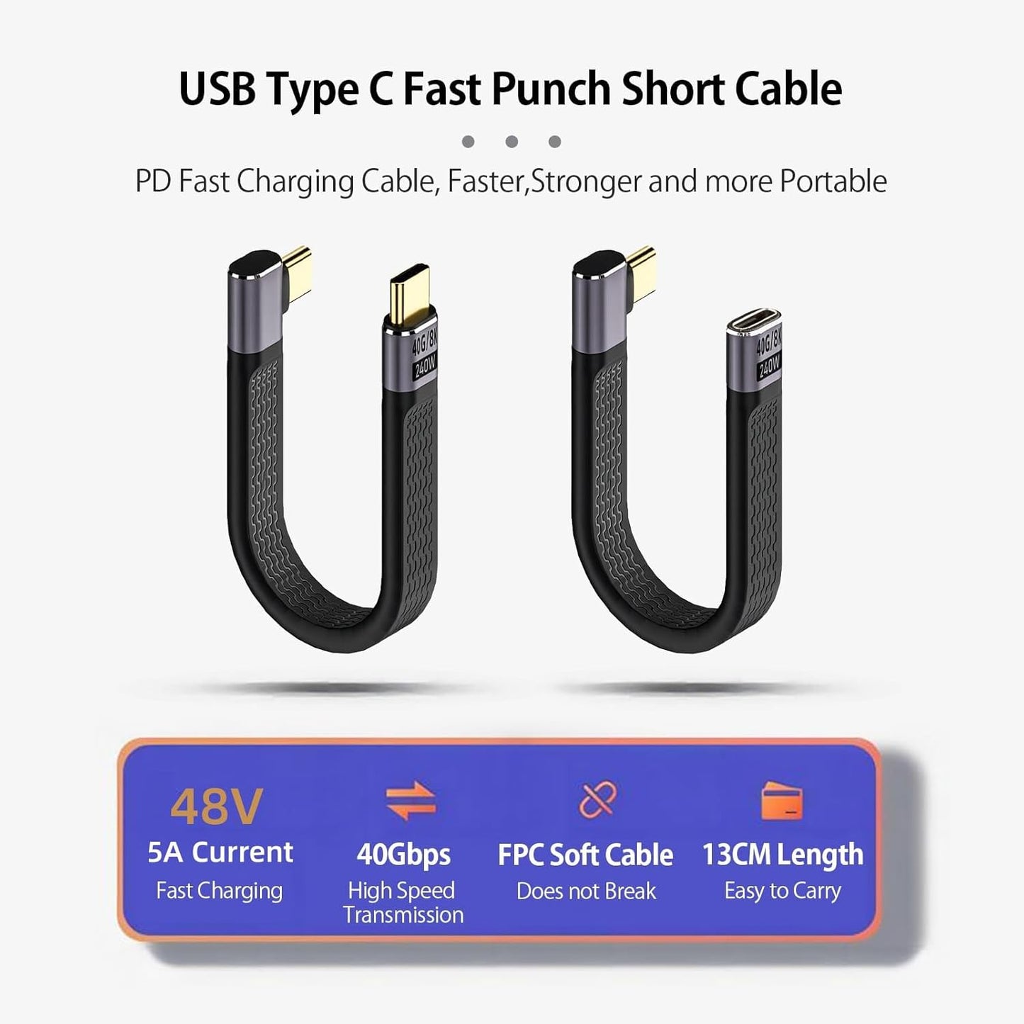2×13CM 240W USB4.0 Short Cable, 40Gbps Right Angle USB C (Male to Male+Male to Female) Cable, 48V/5A Charging Power 8K@60Hz HD Display for iPhone 15 Series,Macbook,Power Bank,Laptop,Switch