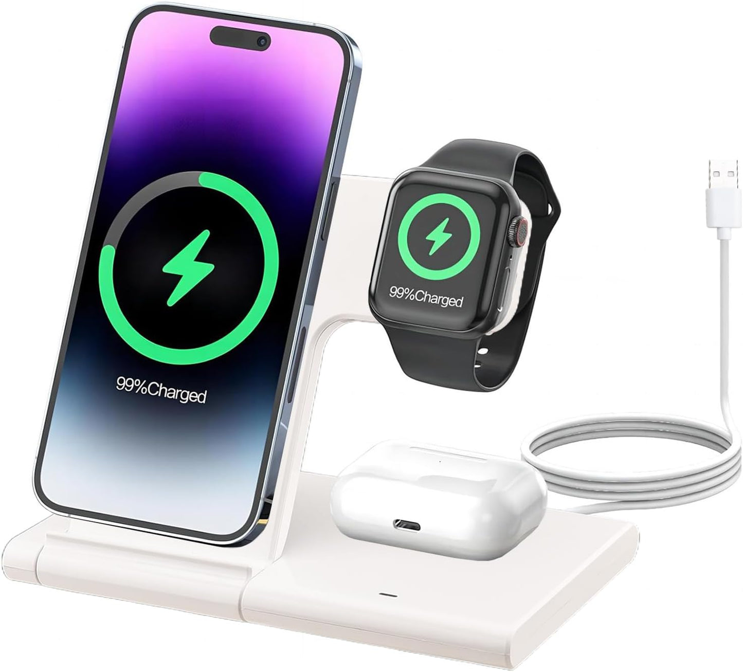 Wireless Charging Station, 3 in 1 15W Wireless Charger Standion for Apple Devices iPhone 15/14/13/12/11/Plus/Pro/Max, Apple Watch 9/8/Ultra/7/6/SE, AirPods 3/2/1/pro (with Charging Cable)