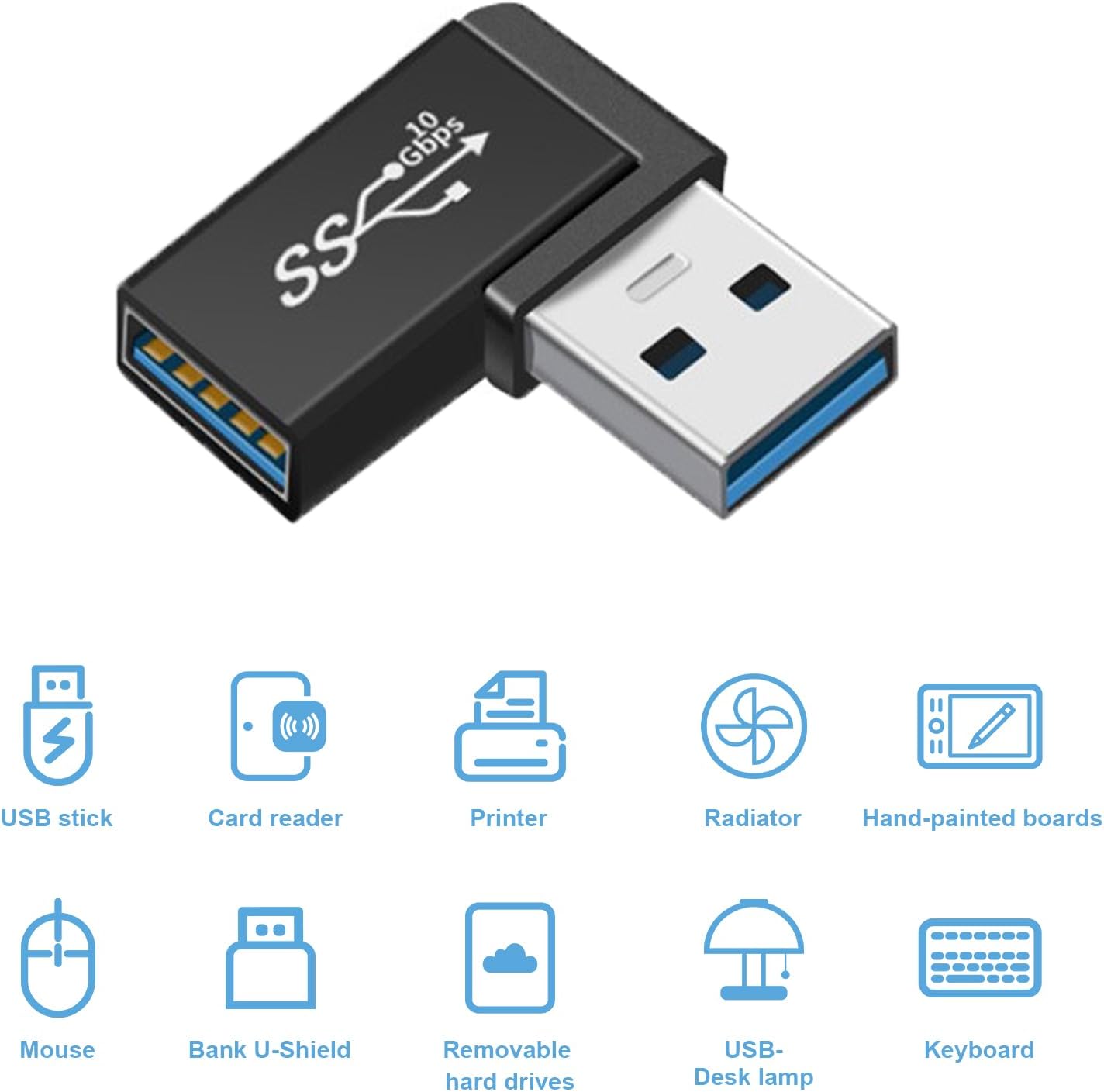 2 Pack USB A Adapter,10Gbps 90 Degree Right Angle USB3.2 Gen2 A Male to A Female Expansion Adapter, Safe Charging and Portable for Laptop,Phones,Mouse,Keyboard, Hard Drive and More