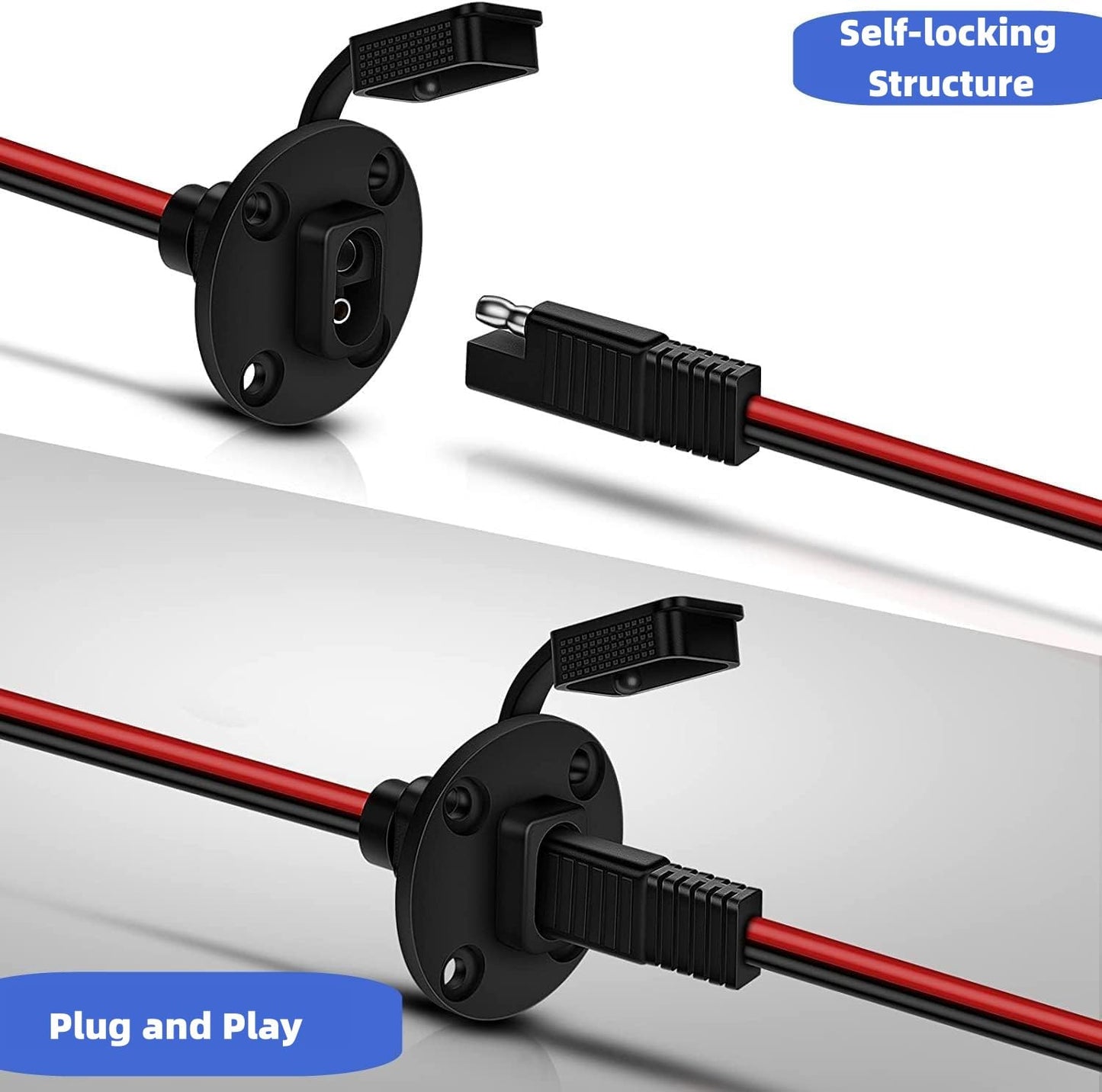0.3M Solar Weatherproof SAE Power Socket Sidewall Port, 12AWG SAE to SAE 2 Pin Extension Cable, Quick Connect Solar Panel Mount Plug for Solar Generator Battery Charger + 4 Screws