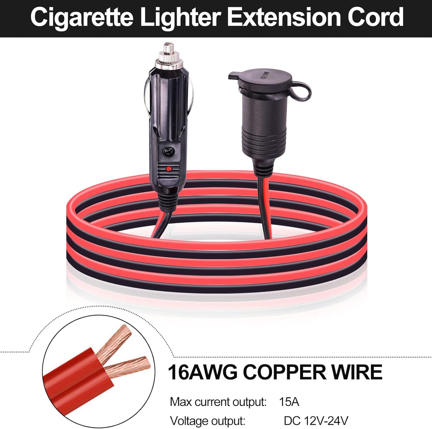 3M/10FT 12V/24V Car Lighter Extension Lead 16AWG Cigarette Lighter Extension Cord, 20A Fuse, Male Plug to Femal Socket Extension Cable with LED Light for Camping Tire Inflator Air Compressor