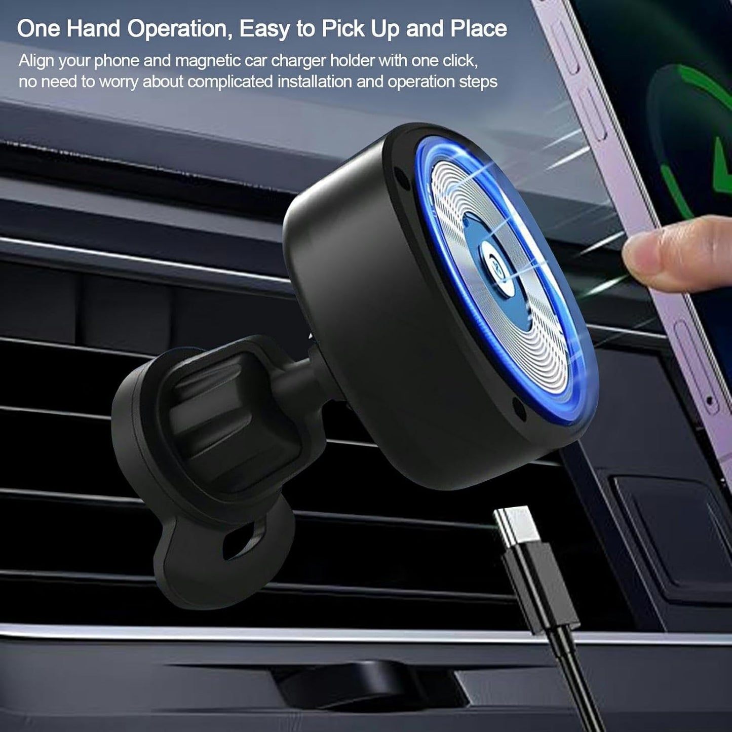 Magsafe Car Charger,15W Car Phone Holder Wireless Charger with 2 in 1 Retractable Cable Magsafe Car Car Phone Mount 360°Rotation Universal Air Outlet for iPhone 15/14/13/12/11 Series
