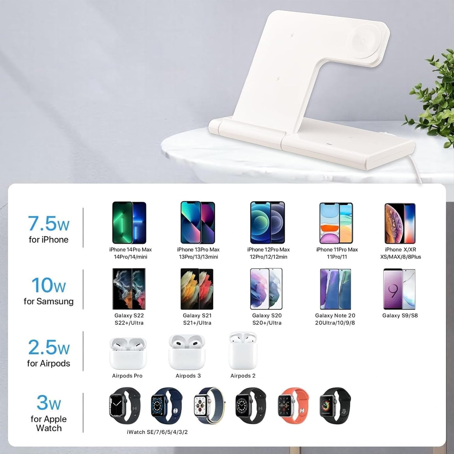 Wireless Charging Station, 3 in 1 15W Wireless Charger Standion for Apple Devices iPhone 15/14/13/12/11/Plus/Pro/Max, Apple Watch 9/8/Ultra/7/6/SE, AirPods 3/2/1/pro (with Charging Cable)