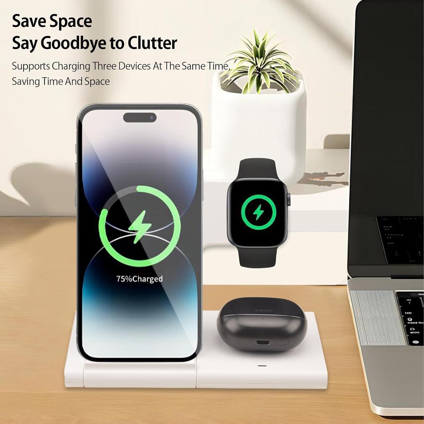 Wireless Charging Station, 3 in 1 15W Wireless Charger Standion for Apple Devices iPhone 15/14/13/12/11/Plus/Pro/Max, Apple Watch 9/8/Ultra/7/6/SE, AirPods 3/2/1/pro (with Charging Cable)