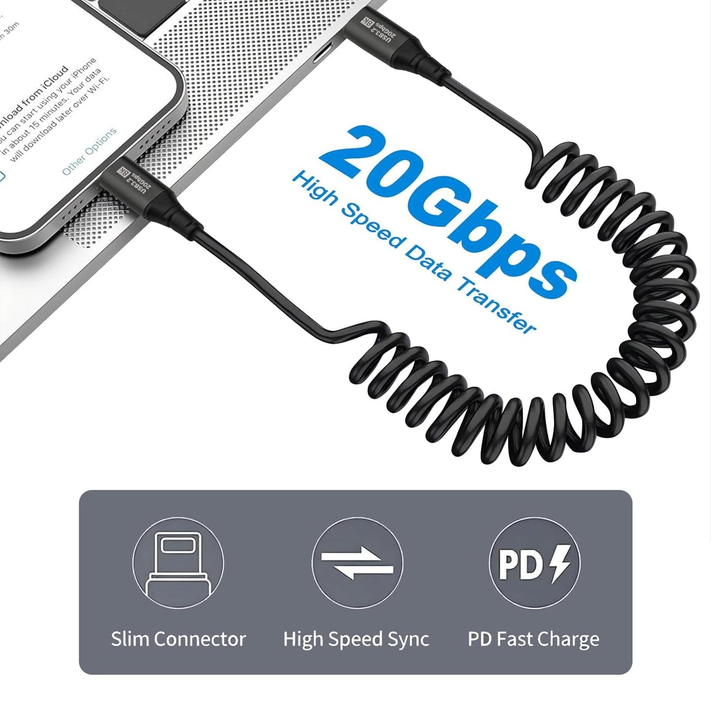 0.5M-1.8M Freely Stretchable USB C Cable,Spring Type C Cable Fast Charging Coiled USB-C to USB-C Lead for Car,Samsung Galaxy, iPhone 16/15 Series,Google Pixel, Macbook, iPad