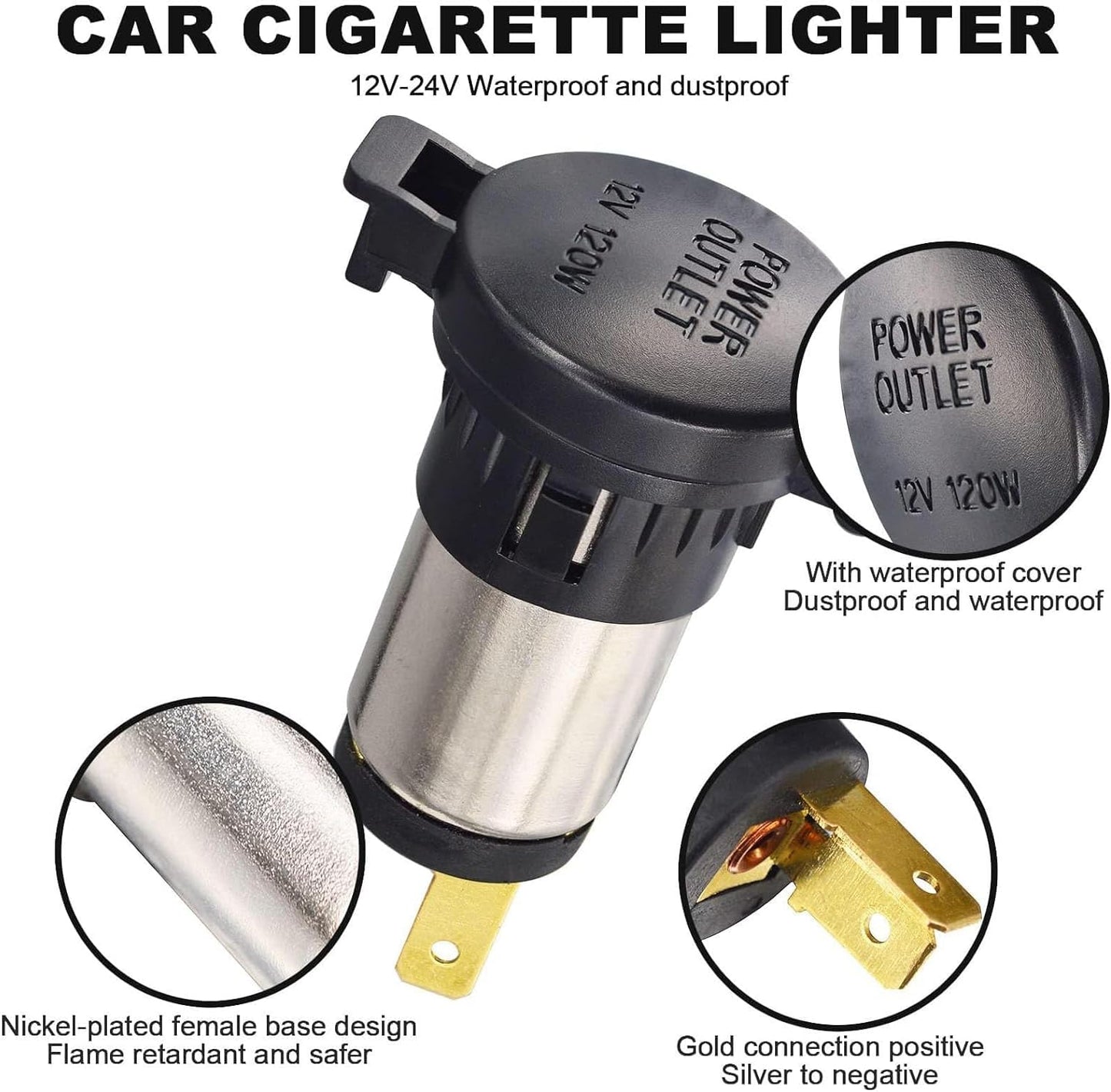 12V Cigarette Lighter Socket Waterproof Marine Grade 12V Female Socket Plug Outlet Car Cigarette Lighter Dust Plug for DC 12V-24V Marine Boat Motorcycle,Riding Mower, Tractor