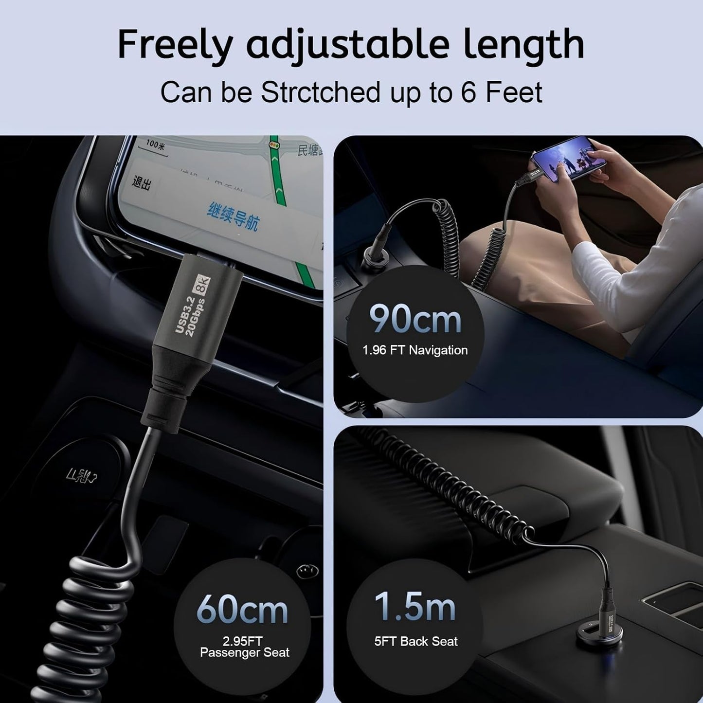 0.5M-1.8M Stretchable USB C Cable,Spring Right AngleType C Cable Fast Charging Coiled USB-C to USB-C Lead for Car,Samsung Galaxy, iPhone 16/15 Series,Google Pixel, Macbook, iPad