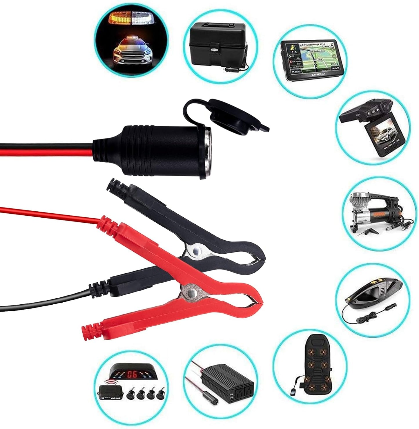 3M/10FT 12V-24V Car Cigarette Lighter Extension Cable, 16AWG Heavy Duty Car Cigarette Lighter Socket to Battery Clips Extension Cable Built-in 15A Fuse for Car,Tractor,Boat,Tire Inflator