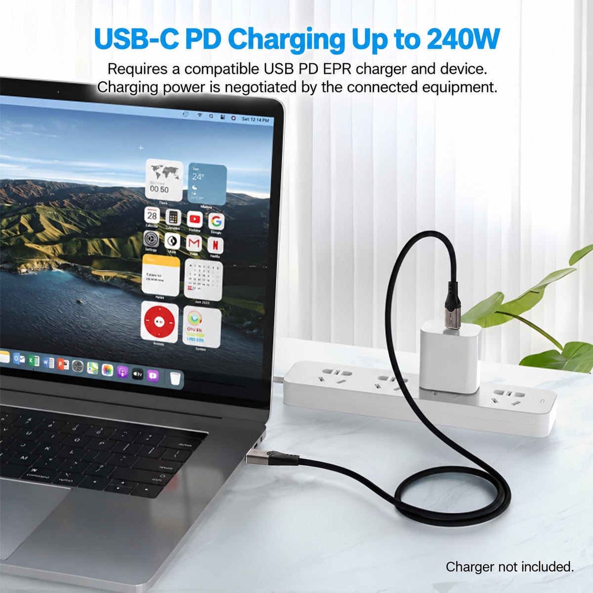 USB-C cable connected between a laptop and charger with USB PD EPR charging requirements