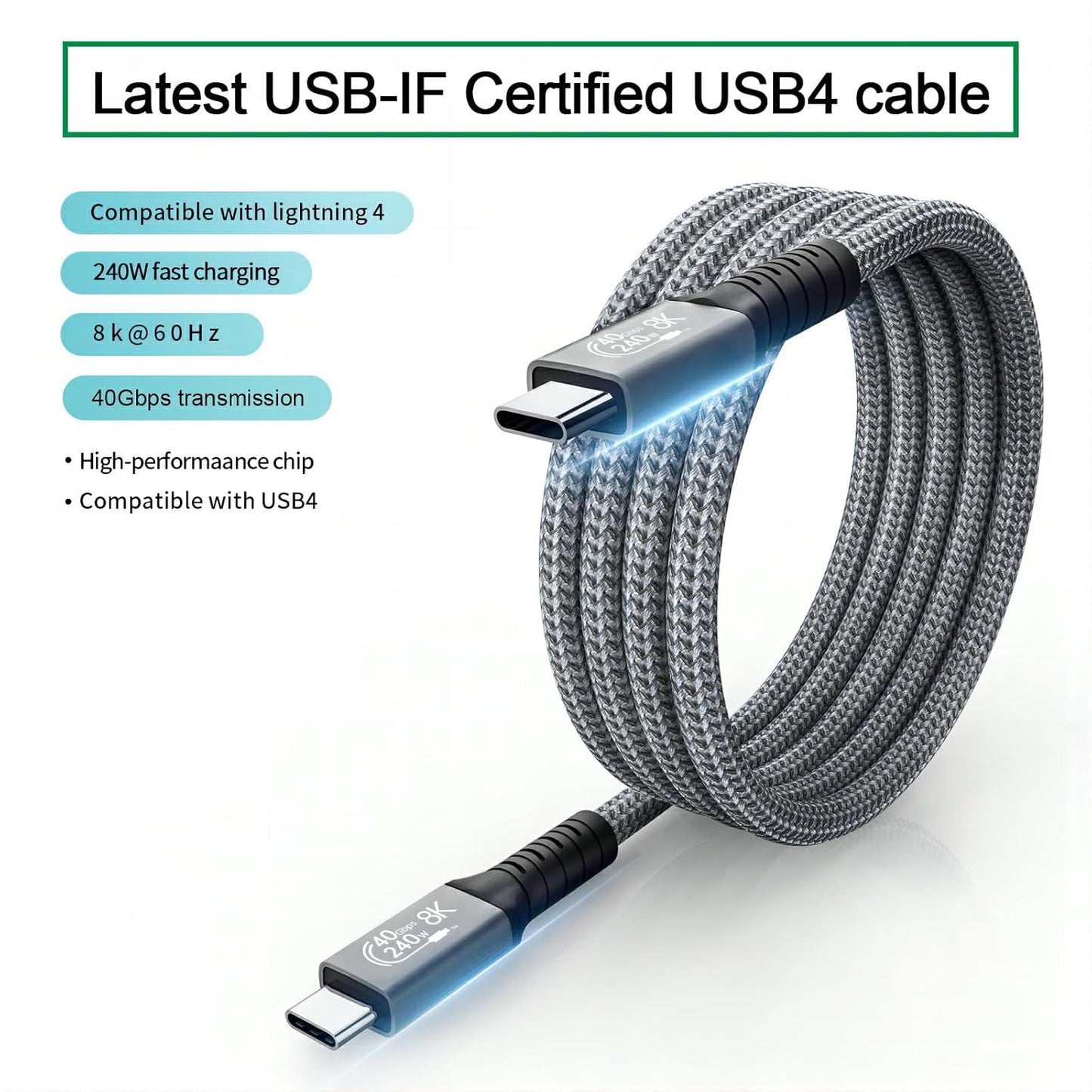 2M/6.8FT 240W USB4 Fast Charging Cable, 40Gbps USB Type C Male to Male Extension Cable, 8K@60Hz HD Display for iphone 15 Series,Samsung Galaxy,Macbook Air/Pro,Power Bank,Laptop