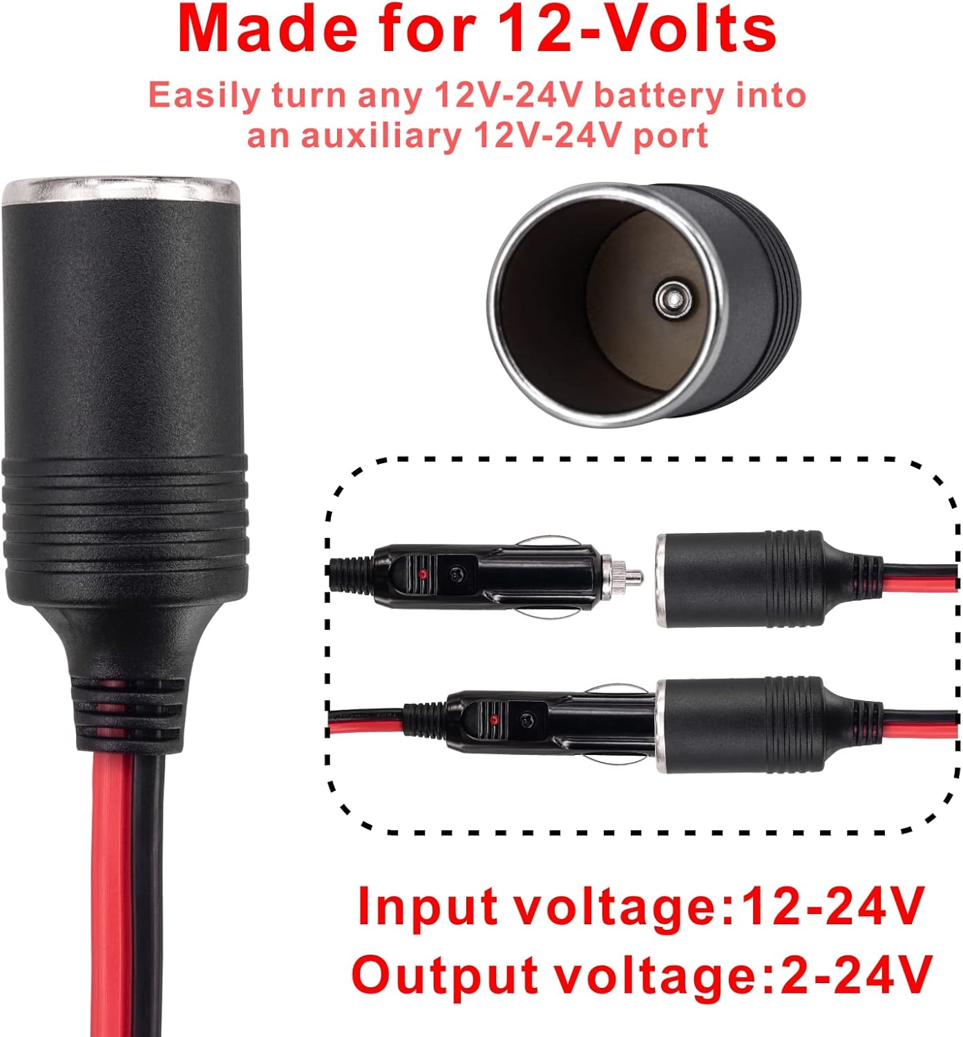 1.2M/3.94FT 12V-24V Car Cigarette Lighter Extension Cable 16AWG Car Cigarette Lighter Socket to O Ring Terminals Extension Cord with 15A Fuse for Car, Tractor,Boat,Tire Inflator