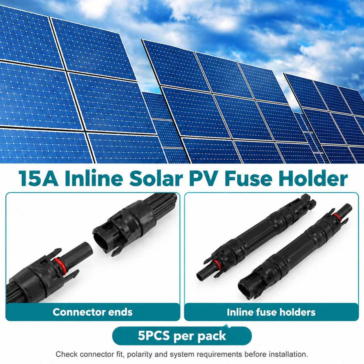 Solar panel array above close-ups of inline fuse holders and mating connector ends