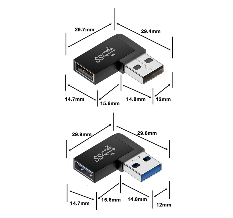 2 Pack USB A Adapter, (Left+Right) 10Gbps 90 Degree Right Angle USB3.2 Gen2 A Male to A Female Adapter, Safe Charging and Portable for Phones,Laptop,Mouse,Hard Drive,Keyboard and More