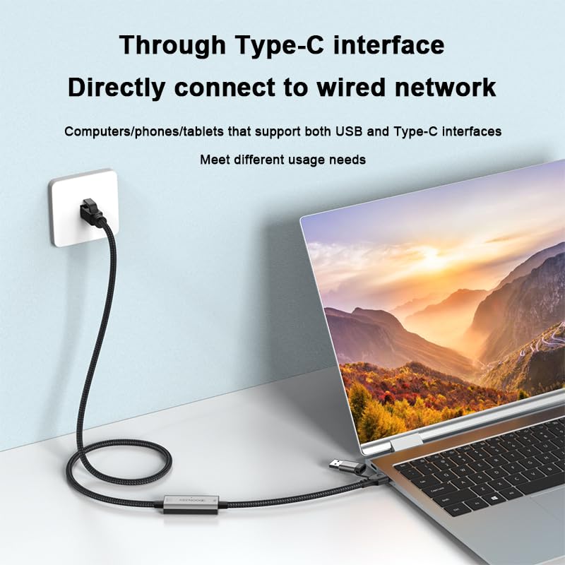 3M/9.84FT 1000M USB A+USB C to RJ45 Ethernet Cable, 2 in 1 USB C to Gigabit Ethernet LAN Cable, No Delay for iPhone 16/15 Series, MacBook Air/Pro, iPad, Galaxy, Switch, Laptop, PC, Desktop