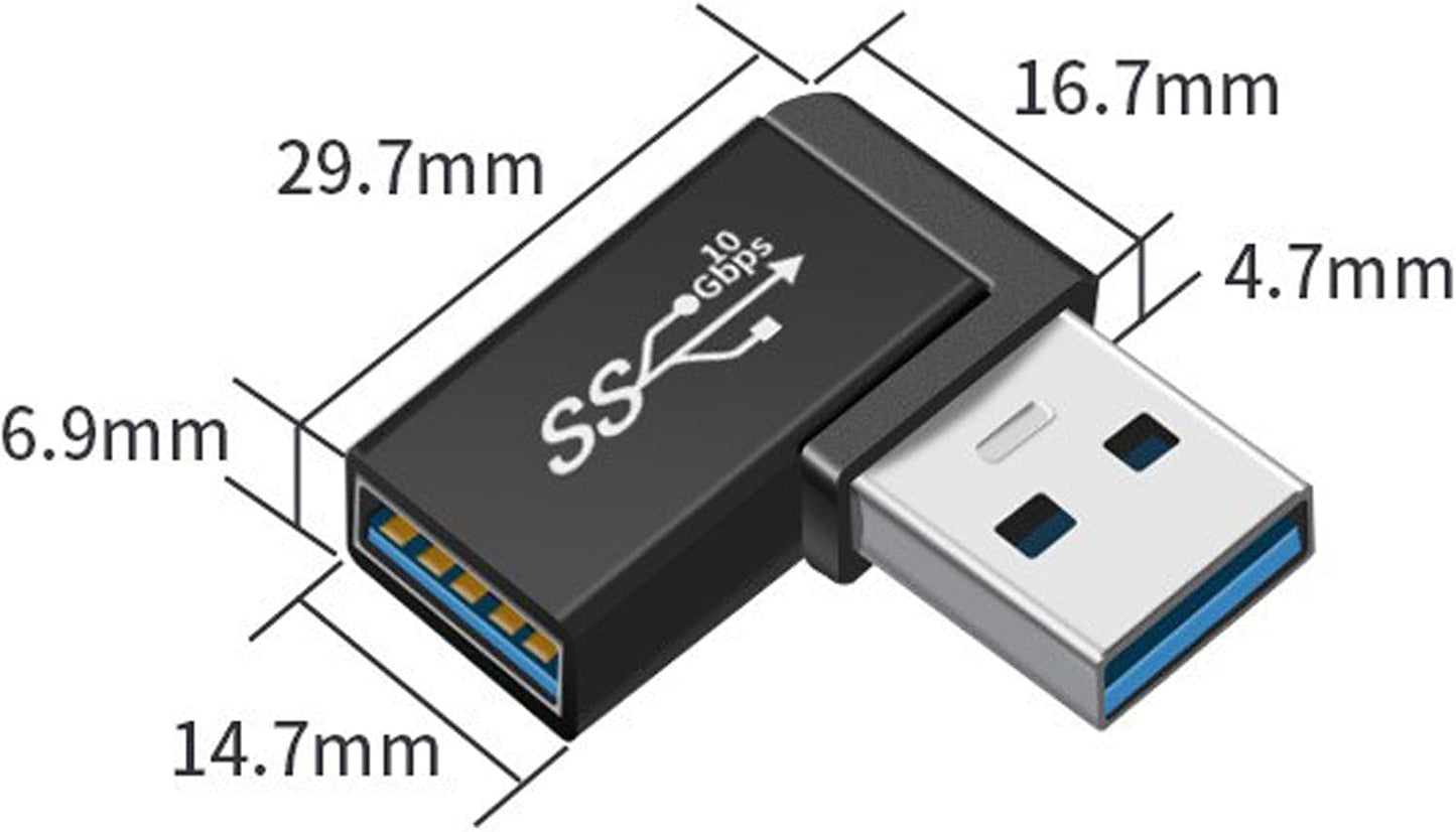 2 Pack USB A Adapter,10Gbps 90 Degree Right Angle USB3.2 Gen2 A Male to A Female Expansion Adapter, Safe Charging and Portable for Laptop,Phones,Mouse,Keyboard, Hard Drive and More