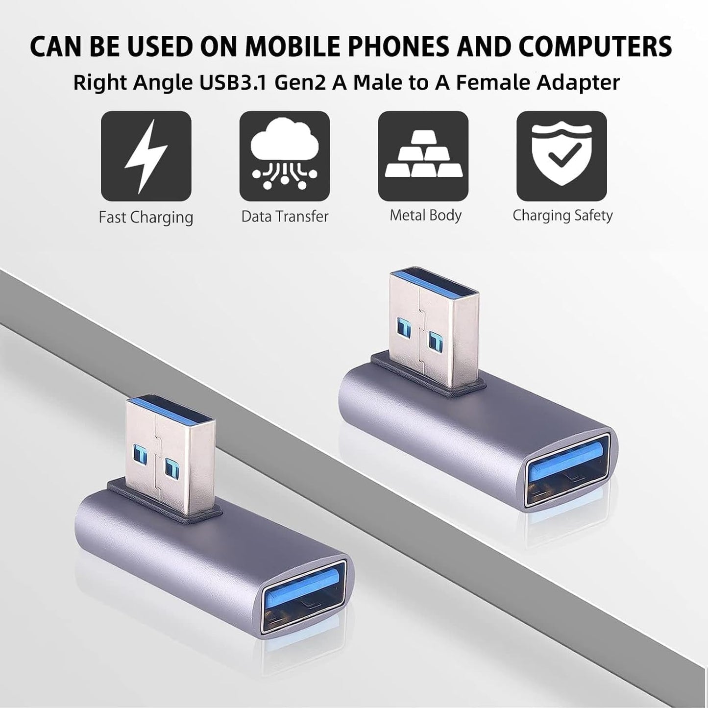 2 Pack USB A Adapter, 10Gbps 90 Degree Right Angle USB3.1 Gen2 A Male to A Female Adapter, 5V/3A Safe Charging and Portable for Hard Drive,Mouse,Keyboard,Laptop,Phones and More