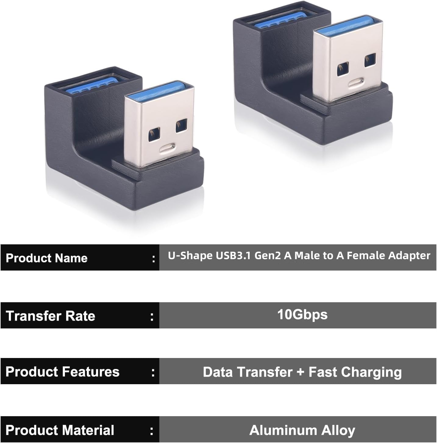 2 Pack USB A Adapter, 10Gbps 180 Degree U-Shape USB3.1 Gen2 A Male to A Female Expansion Adapter, 5V/3A Safe Charging and Portable for Laptop,Phones,Keyboard,Mouse,Hard Drive and More