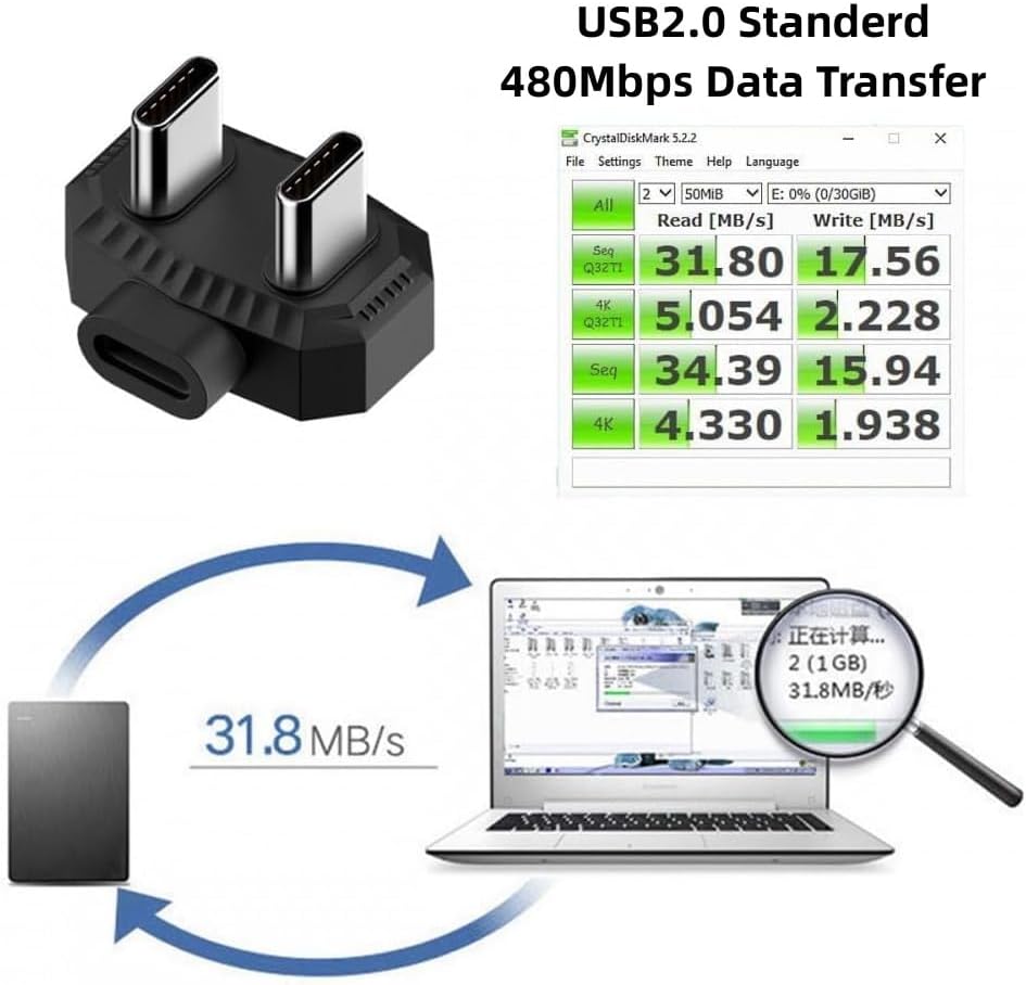 2 Pack USB-C OTG Converter, 480Mbps Data Transfer USB C 1 Female to 2 Male OTG Data Adapter 5V/2A Safe Charging Opposite U Shape Back Angled for Laptop,Phone, MIC Visit the Leehitech Store