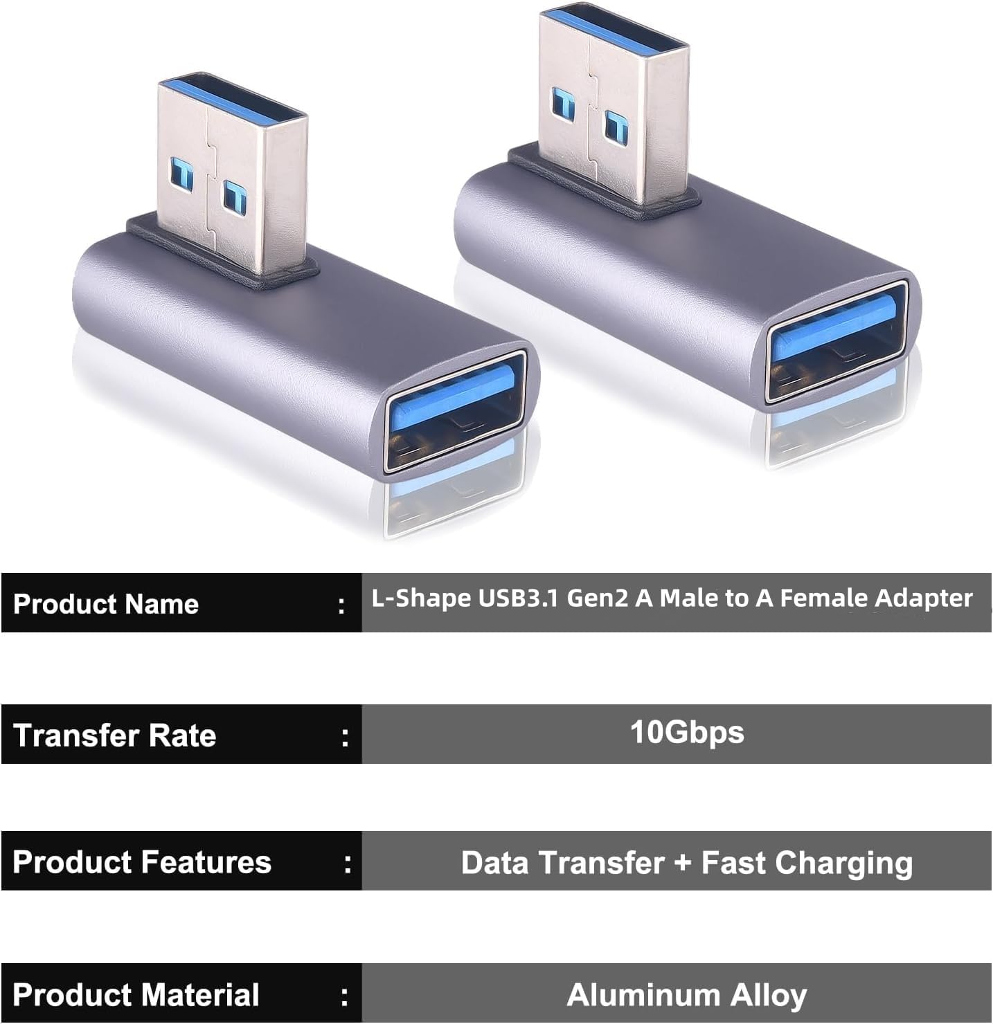 2 Pack USB A Adapter, 10Gbps 90 Degree Right Angle USB3.1 Gen2 A Male to A Female Adapter, 5V/3A Safe Charging and Portable for Hard Drive,Mouse,Keyboard,Laptop,Phones and More