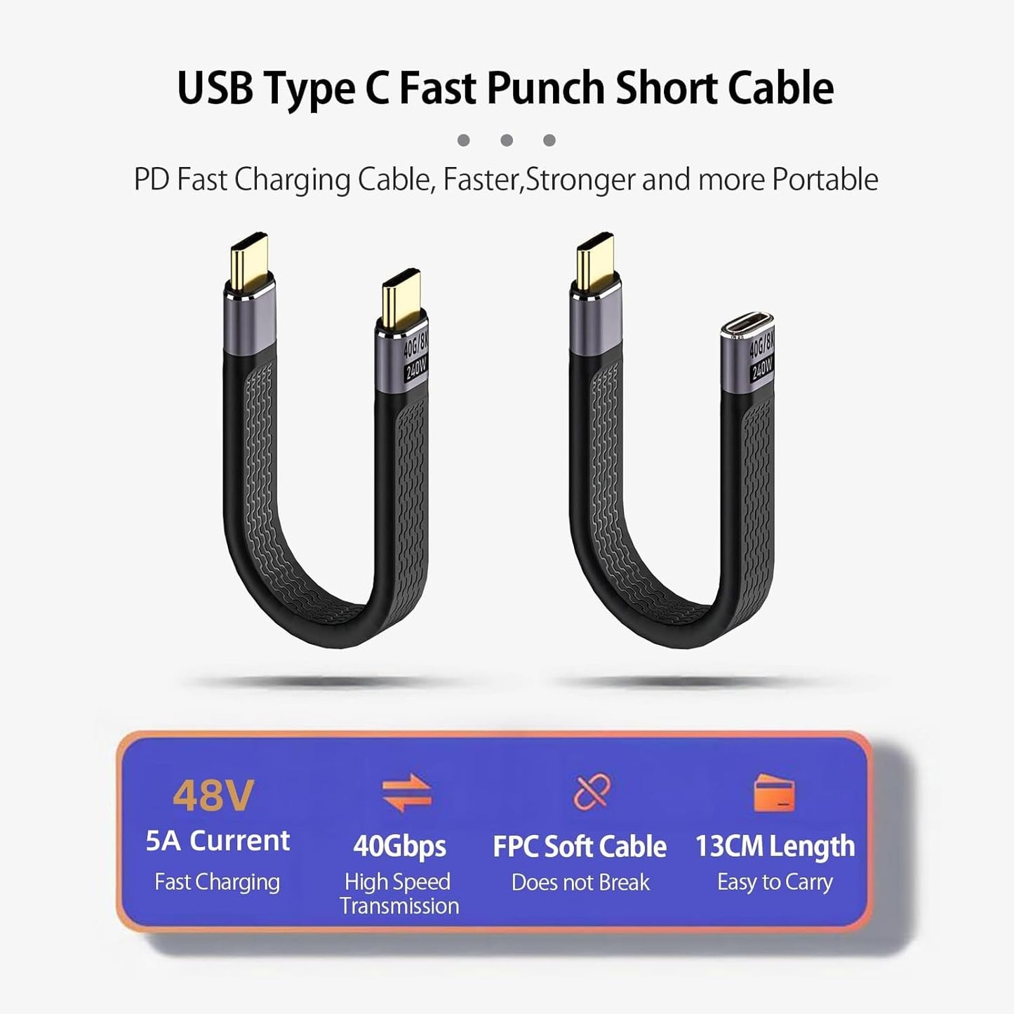 2×13CM 240W USB4.0 Short Cable, 40Gbps USB C (Male to Male+Male to Female) Cable, 48V/5A Charging Power 8K@60Hz Video Output for iPhone 15 Series,Macbook,Power Bank,Laptop,Switch and More