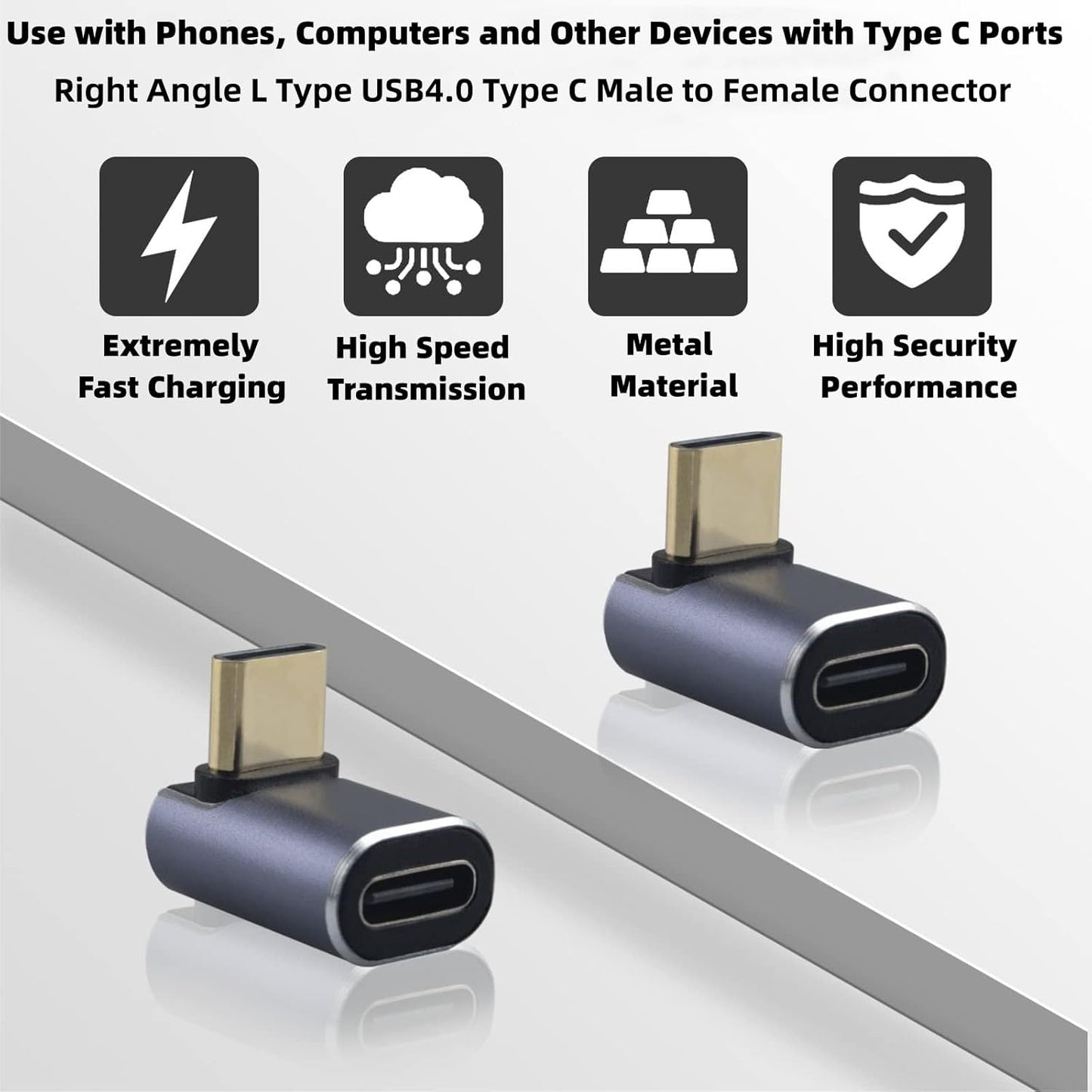 2 Pack 40Gbps USB4 Adapter, 100W Right Angle L Shape USB C Male to C Female Extende Adapter,Support 8K@60Hz Video Display for Thunderbolt 4/3, MacBook,Laptop,Phone and More