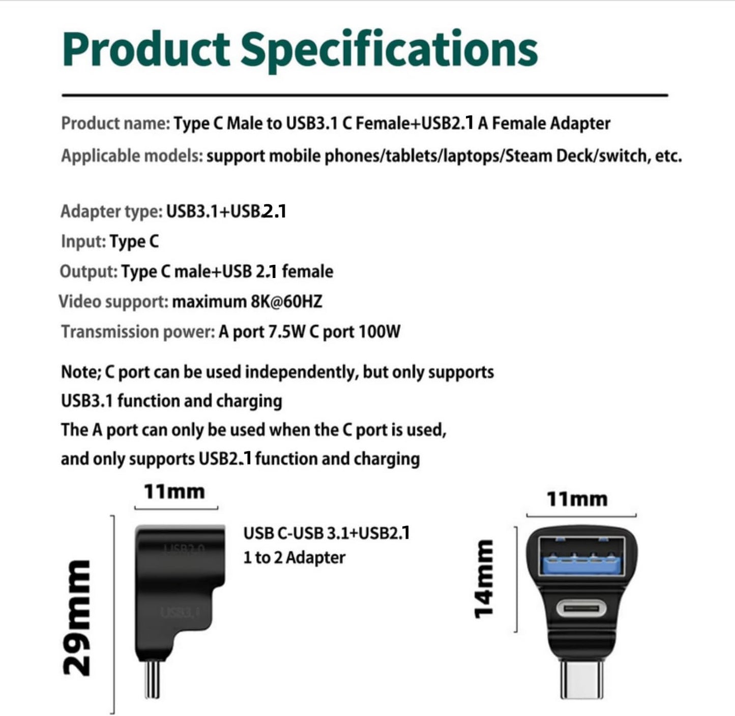 2 Pack USB C Adapter, 20Gbps 2 in 1 Right Angle USB C Male to (USB2.1 A Female+USB3.1 C Female) 1 to 2 Branch 100W/5A Conversion Adapter for Phones,Steam Deck,Switch,Laptops,Tablets