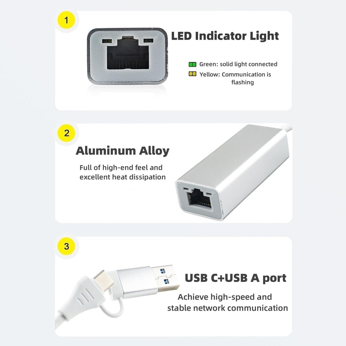 USB C to Gigabit Ethernet Adapter,Aluminum USB C to RJ45 Gigabit LAN 10/100/1000Mbps Network Adapter with USB3.0 Adapter,Driver-free forMacBook Pro, iPhone 15 Series, Steam Deck, Switch