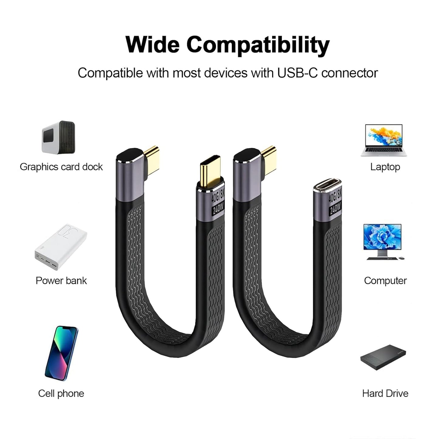 2×13CM 240W USB4.0 Short Cable, 40Gbps Right Angle USB C (Male to Male+Male to Female) Cable, 48V/5A Charging Power 8K@60Hz HD Display for iPhone 15 Series,Macbook,Power Bank,Laptop,Switch