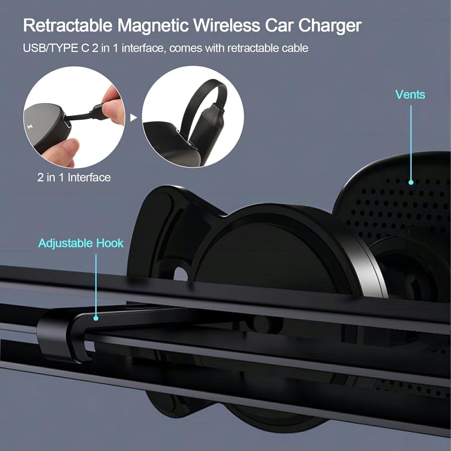 Magsafe Car Charger,15W Car Phone Holder Wireless Charger with 2 in 1 Retractable Cable Magsafe Car Car Phone Mount 360°Rotation Universal Air Outlet for iPhone 15/14/13/12/11 Series