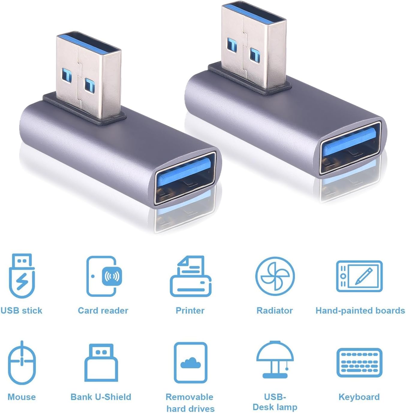 2 Pack USB A Adapter, 10Gbps 90 Degree Right Angle USB3.1 Gen2 A Male to A Female Adapter, 5V/3A Safe Charging and Portable for Hard Drive,Mouse,Keyboard,Laptop,Phones and More