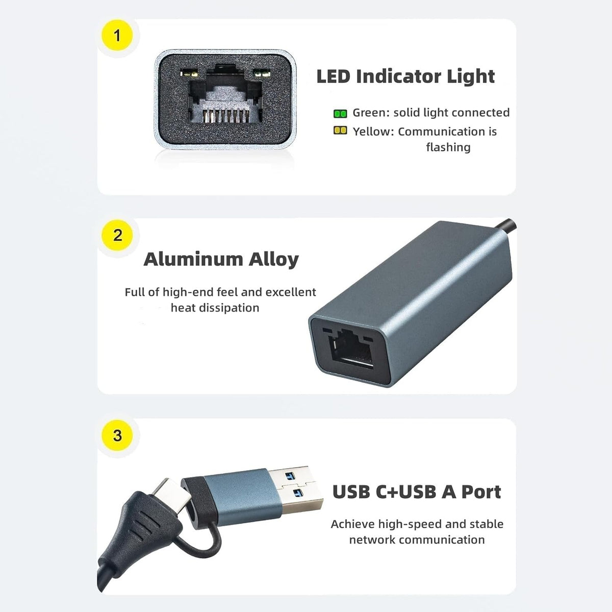 USB C to Ethernet Adapter,Aluminum USB C to RJ45 LAN 10/100Mbps Network Adapter with USB3.0 Adapter,Driver-free forMacBook Pro, iPhone 15 Series, Steam Deck, Switch and More