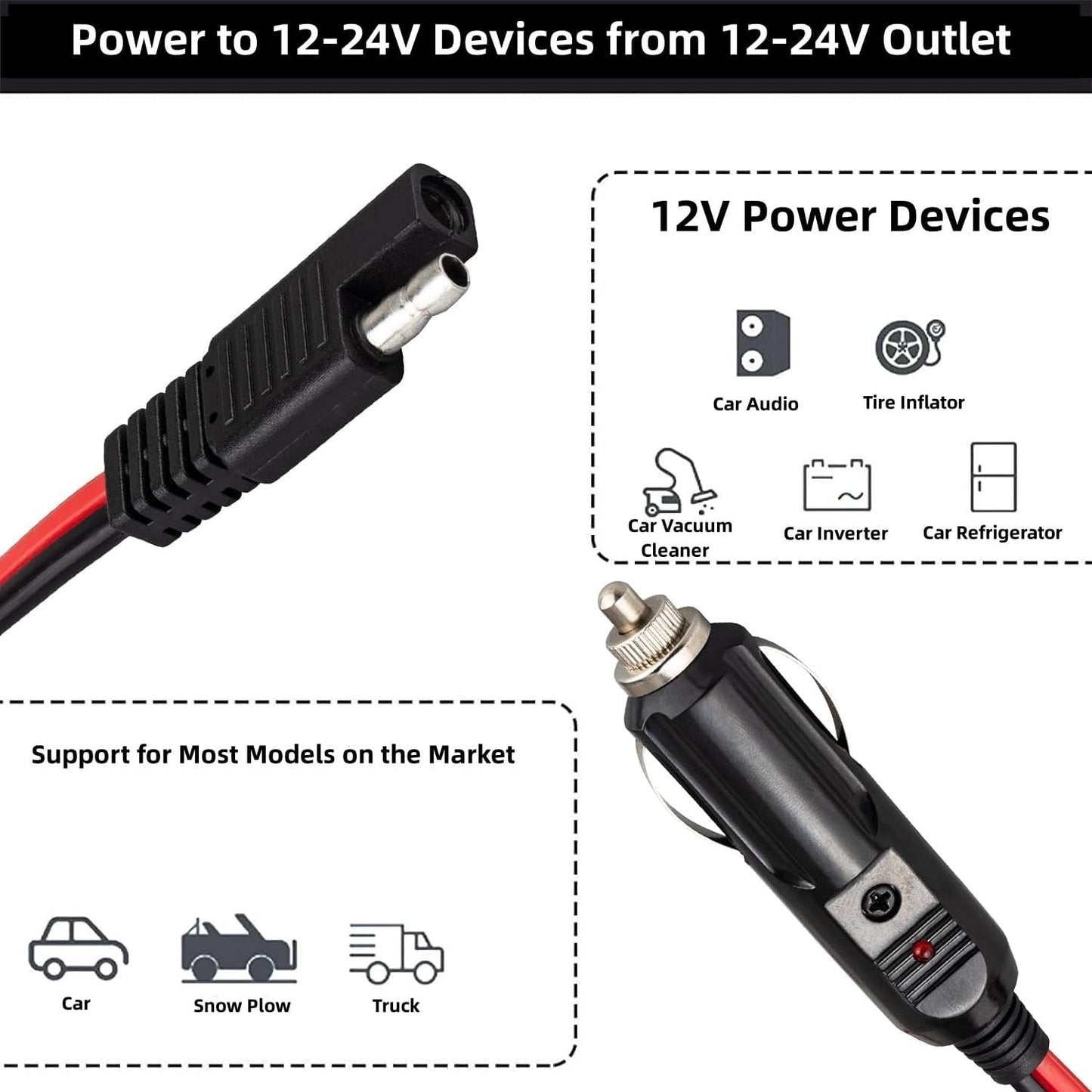 1.2M/3.94FT 12V-24V SAE to Cigarette Lighter Plug Cable 16AWG Cigarette Lighter Male to SAE 2 Pin Quick Release Plug Adapter Extension Cable for Motorcycle, Car, Tractor,Boat,Solar Panel