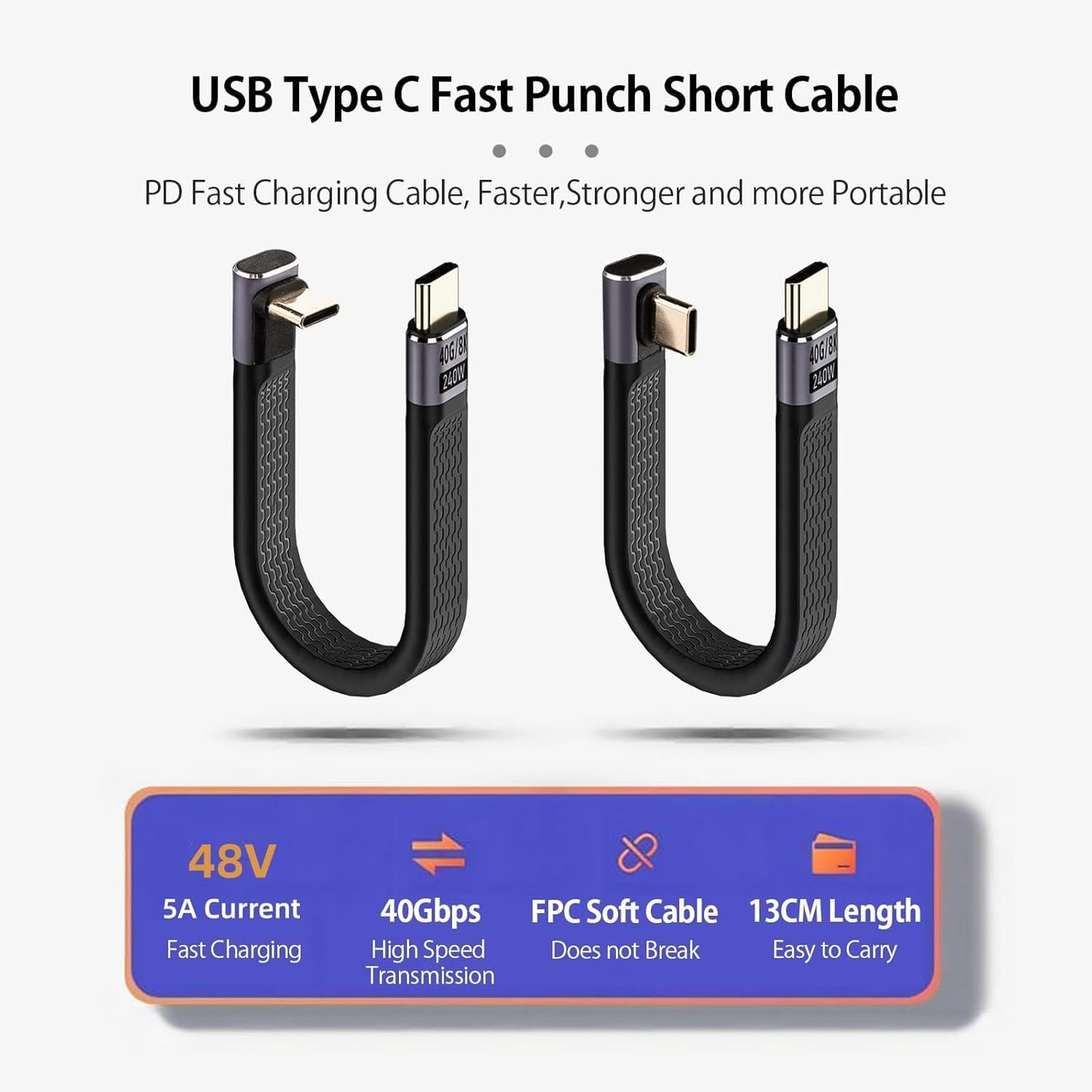 2×13CM 240W USB4.0 Short Cable, 40Gbps Right Angle USB C Male to C Male Cable, 48V/5A Charging Power 8K@60Hz Video Output for iPhone 15 Series,Macbook,Power Bank,Laptop,Switch and More