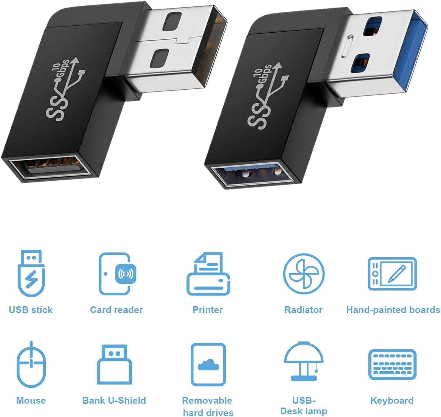 2 Pack USB A Adapter, (Left+Right) 10Gbps 90 Degree Right Angle USB3.2 Gen2 A Male to A Female Adapter, Safe Charging and Portable for Phones,Laptop,Mouse,Hard Drive,Keyboard and More