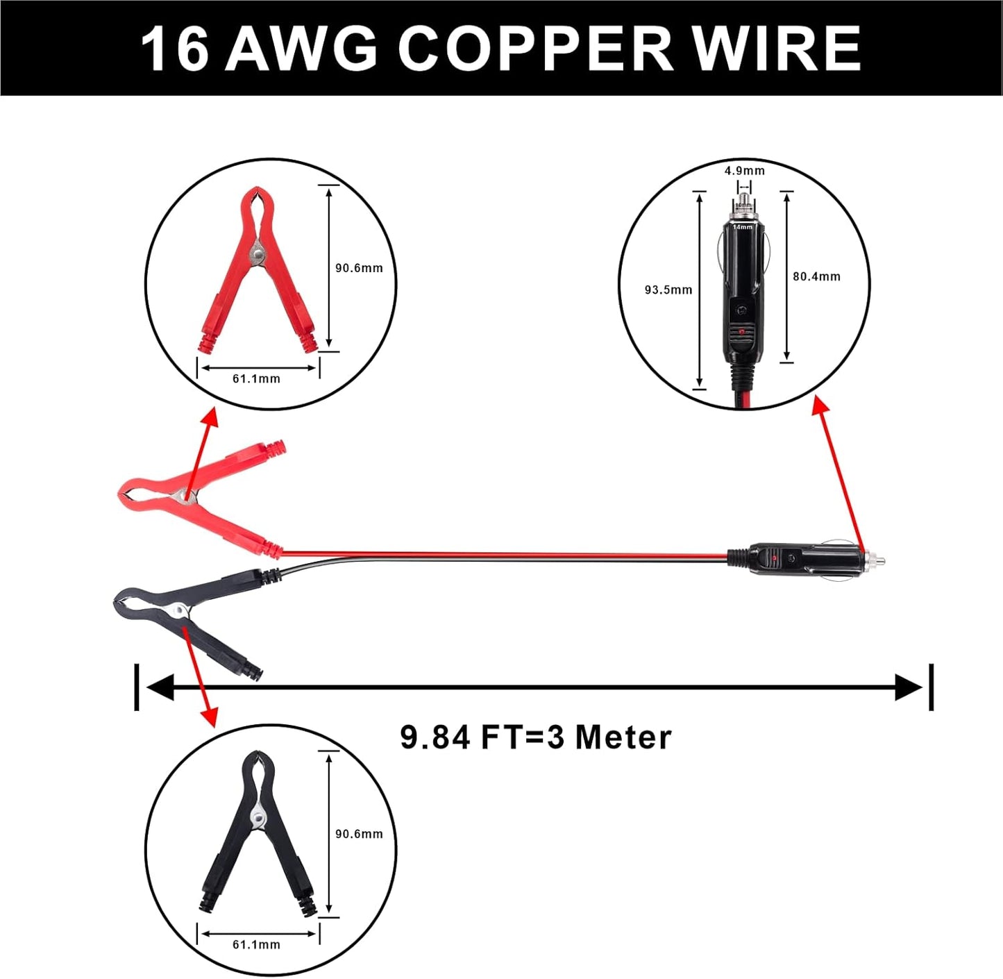 3M/10FT 12V-24V Car Cigarette Lighter Extension Cable, 16AWG Heavy Duty Car Cigarette Lighter Male Plug To Battery Clips Extension Cable Built-in 15A Fuse for Car,Tractor,Boat,Tire Inflator