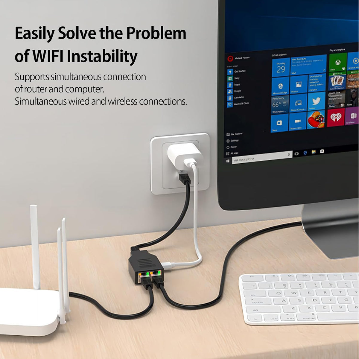 Gigabit RJ45 Network Splitter,1000Mbps 1 to 2 RJ45 Ethernet Splitter LAN Network Splitter for Computer,Hub,Switch,Router,ADSL,Set-top Box,Digital TV (with 1M Ethernet Cabel+0.5M USB Cable）