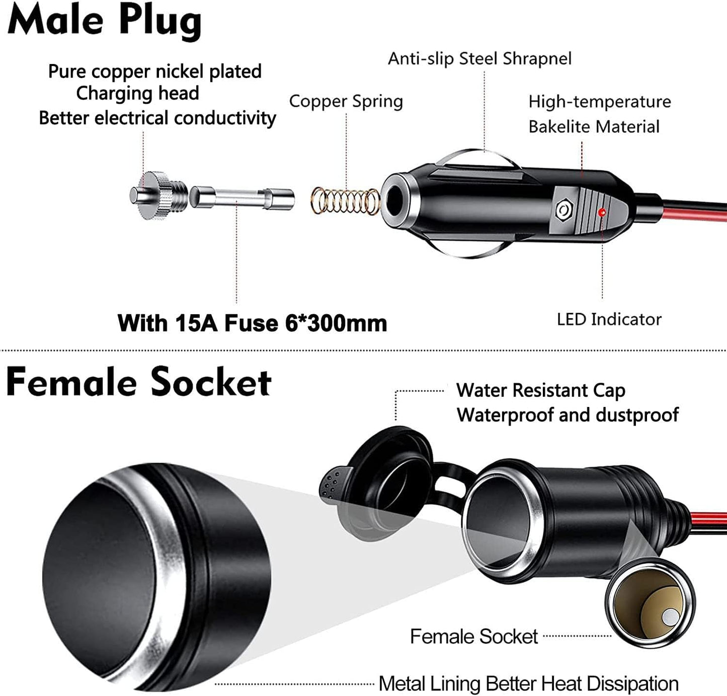 3M/10FT 12V/24V Car Lighter Extension Lead 16AWG Cigarette Lighter Extension Cord, 20A Fuse, Male Plug to Femal Socket Extension Cable with LED Light for Camping Tire Inflator Air Compressor