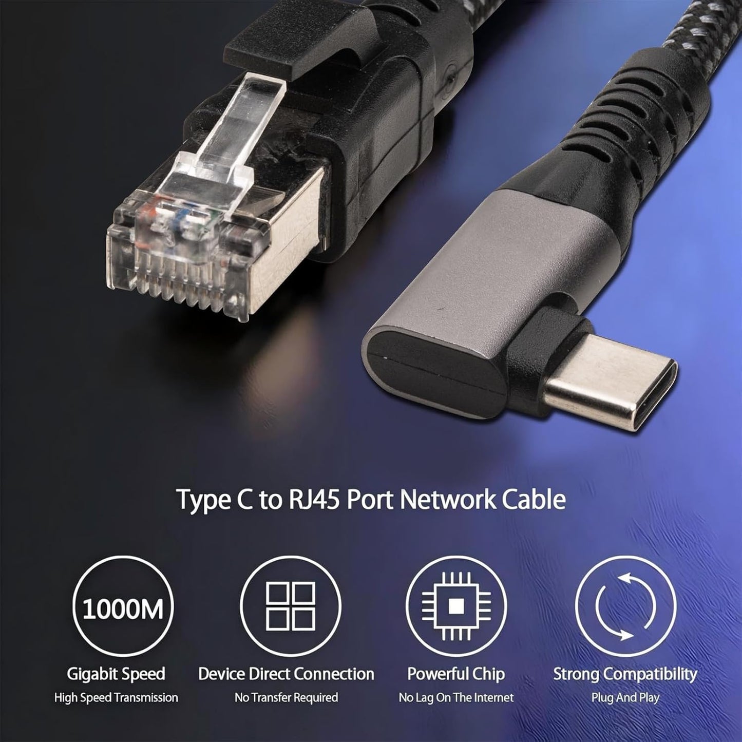 1.2M/3.94FT 1000M Right Angle USB C to RJ45 Ethernet Cable, Type C to Gigabit Ethernet LAN Cable, No Delay for iPhone 16/15 Series, MacBook Air/Pro, iPad, Galaxy, Switch, Laptop, PC, Desktop