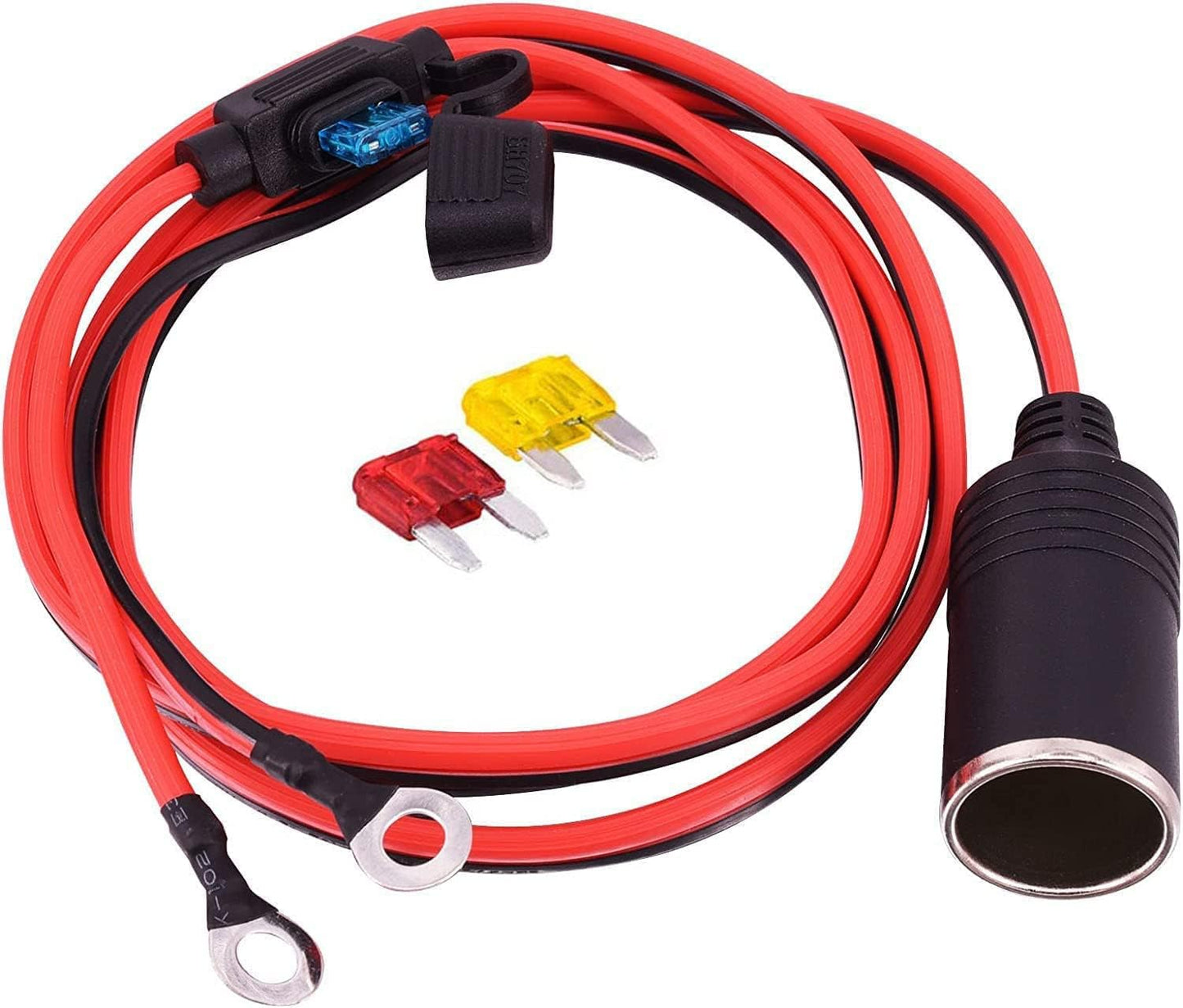 1.2M/3.94FT 12V-24V Car Cigarette Lighter Extension Cable 16AWG Car Cigarette Lighter Socket to O Ring Terminals Extension Cord with 15A Fuse for Car, Tractor,Boat,Tire Inflator