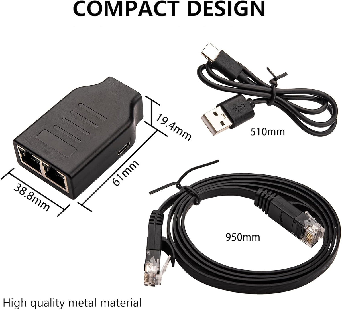 Gigabit RJ45 Network Splitter,1000Mbps 1 to 2 RJ45 Ethernet Splitter LAN Network Splitter for Computer,Hub,Switch,Router,ADSL,Set-top Box,Digital TV (with 1M Ethernet Cabel+0.5M USB Cable）