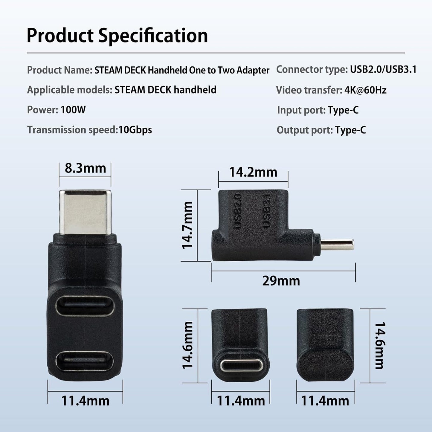 2 Pack USB C Adapter,10Gbps 2 in 1 Right Angle Type C Male to (USB2.0 C Female+USB3.1 C Female) 1-2 Branch Adapter 100W/5A Fast Charging for,Phones,Laptops,Steam Deck,Switch,Tablets