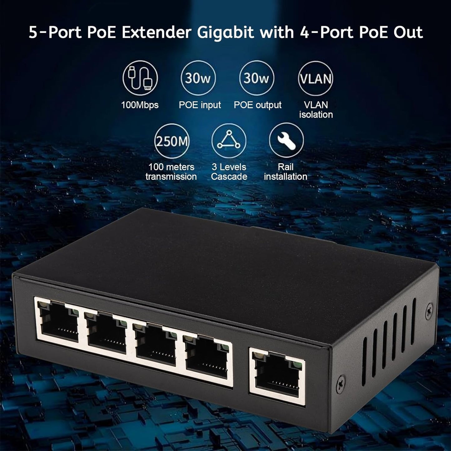100M Desktop/Wall Mount PoE Extender, 1 to 4 PoE Extender with 10/100Mbps Speed, IEEE 802.3af/at PoE+ Standard, 1 In 4 Out 100M/328FT Signal Extende POE Repeater for PoE Camera/PoE Device